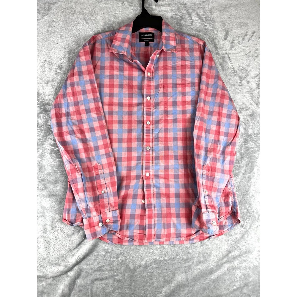 BONOBOS Men's‎ Pink Blue Standard Fit Plaid Dress Shirt Button Down Large